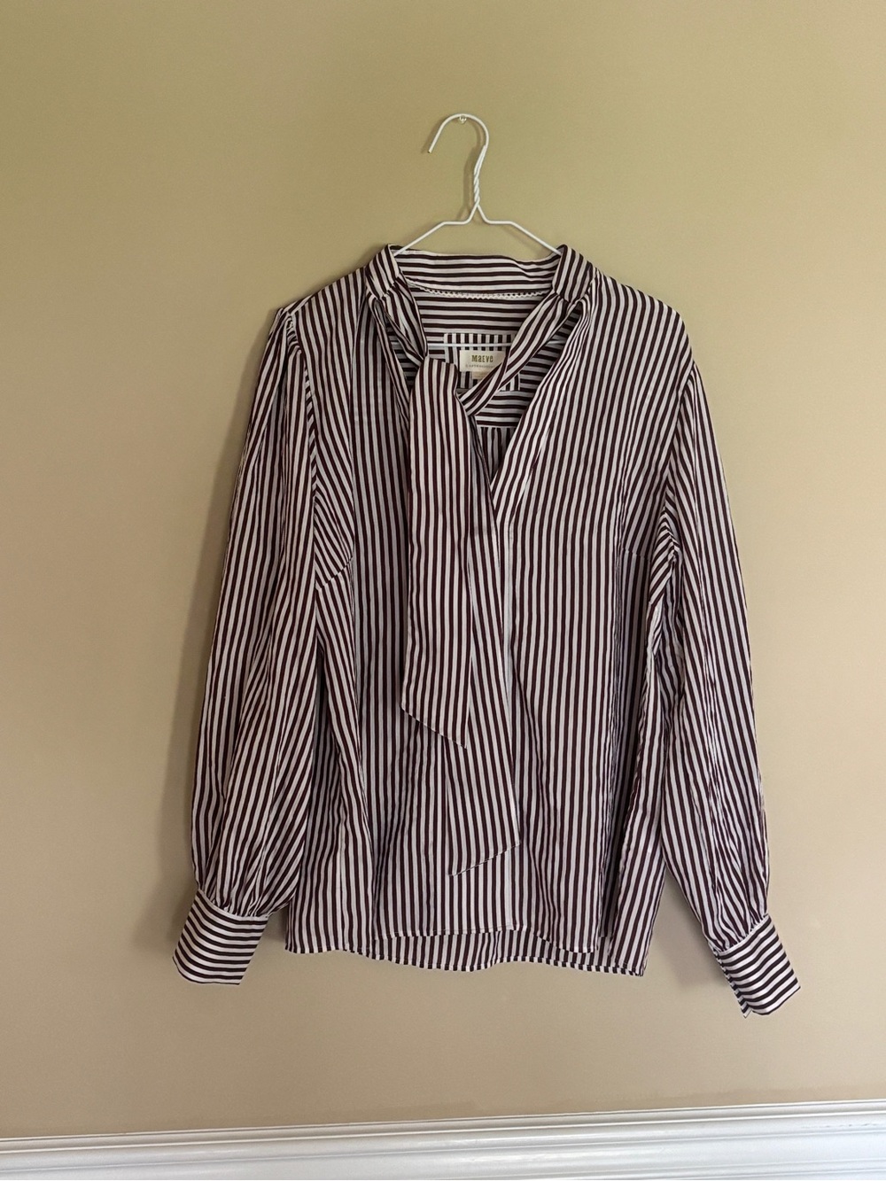 Women's Anthropologie Maeve Tie Neck Long Sleeve Blouse Stripe Brown White Large - Picture 2 of 5